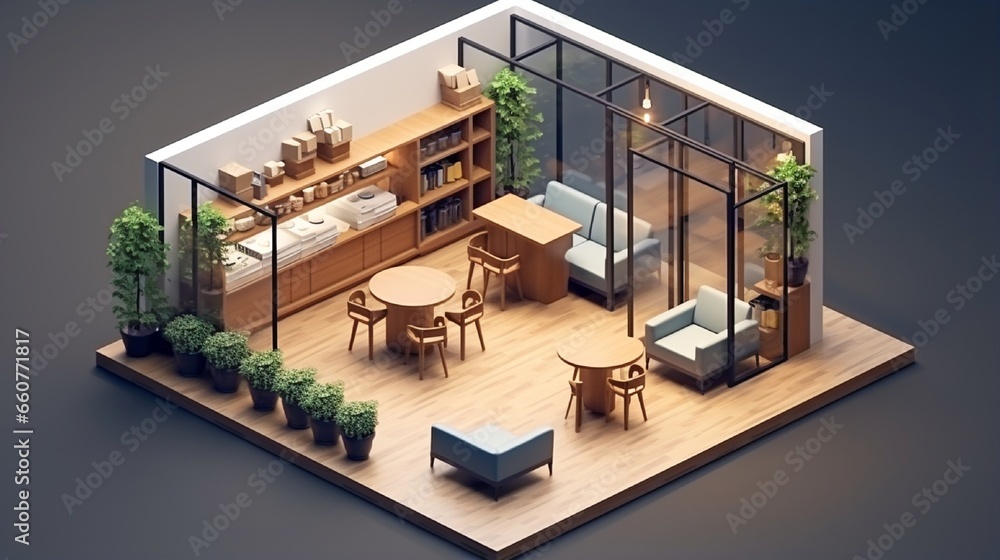 Isometric view minimal cafe store open inside interior architecture, 3d.