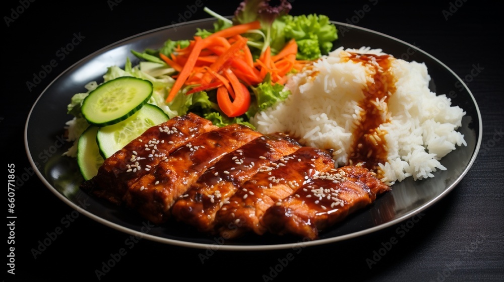 Japanese food, Saba in teriyaki sauce with salad and rice Japanese food, Saba in teriyaki sauce with salad and rice