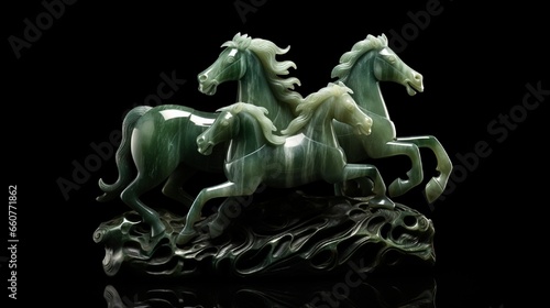 three horses running sculpture (Nephrite jade) isolated on black background