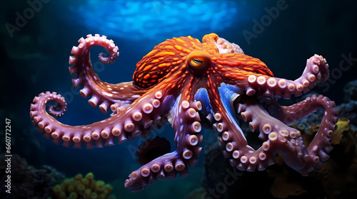 octopus rainbow swimming in the deep ocean 