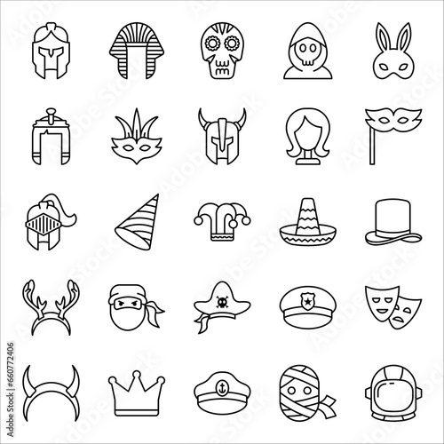 Costume party icons set. Witch hat, scream mask, bad clown, headband, hat, pirate hat. Halloween celebration. vector illustration on white background