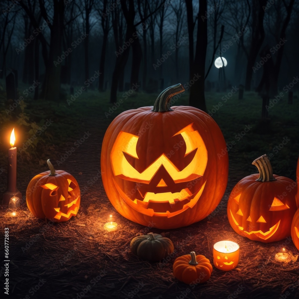 Jack O' Lantern in a Spooky Forest - Illuminated by the Eerie Moonlight Jack O' Lantern in a Spooky Forest - Illuminated by the Eerie Moonlight
