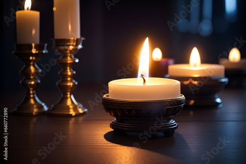 Beautiful photo of candles in a church lit for the feeling. candle light glowing on table, All Saints Day a Christian Holy Day.