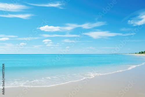 A picturesque  serene sandy beach meets the peaceful  deep blue ocean with waves rolling in under the clear blue sky. Photorealistic illustration