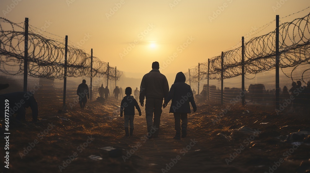 Migrants father and child walk holding hands along a fence with barbed wire barrier Migrants father and child walk holding hands along a fence with barbed wire barrier