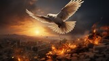 White pigeon of peace flies over the ruins of a warring country. Below there are explosions, fire and smoke, military conflict