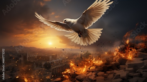 White pigeon of peace flies over the ruins of a warring country. Below there are explosions, fire and smoke, military conflict © Natalia S.