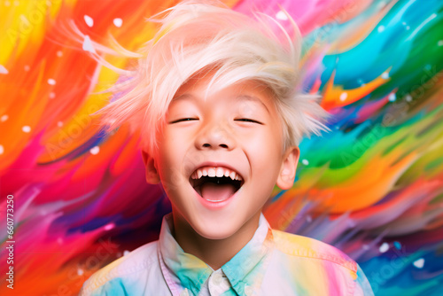 Portrait of a beautiful Asian child on a colored background. A happy child, a joyful and bright childhood.