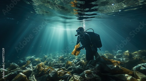 Person underwater collects waste, garbage, plastic bottle. Environmental problem with garbage, cleaning ocean