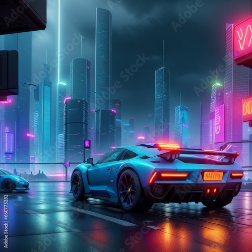 Futuristic Car and Modern Cityscape - Immersed in the Neon City of Tomorrow with a Cyberpunk Vibe