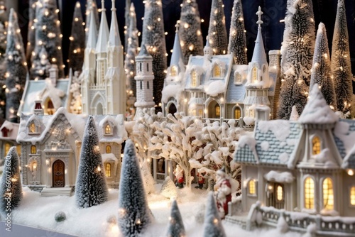A festive and magical Christmas village scene with gentle falling snow, twinkling lights, and frosty white trees. Generative AI