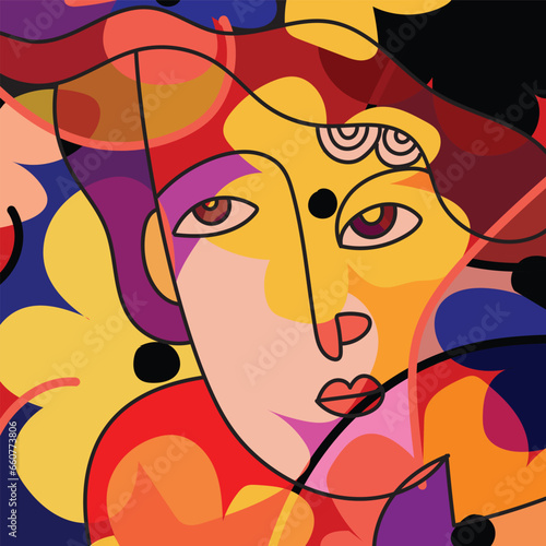 Colorful abstract face people portraits decorative hand drawn vector illustration. Line art, doodle, drawing.