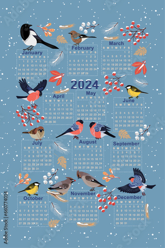 Calendar for 2024. Rectangular composition with wintering birds on a background of leaves, berries, snow. Bullfinches, chickadee, jays, magpies, sparrows, waxwings.