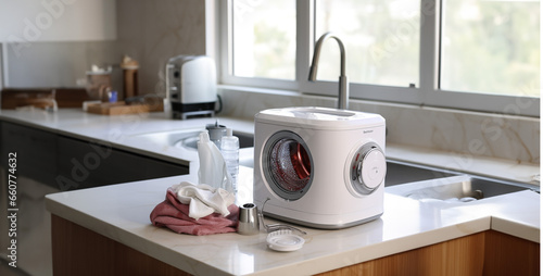 portable washing machine being used, modern kitchen stove, stainless kitchen, stainless steel stove