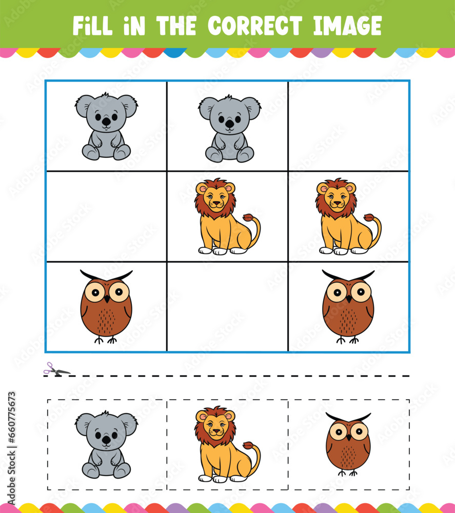 Education game for children Fill In The Correct Image with Cute Animal Education game for children Fill In The Correct Image with Cute Animal