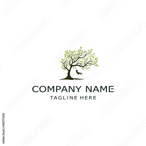 child playing swing under a tree silhouette logo