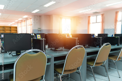 Set of computers in the office spaces without people