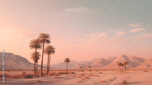 Palm trees in the desert at sunset