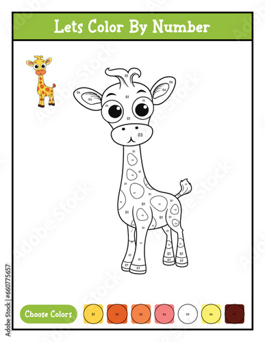 Color by number coloring page printable activity With Cute Giraffe