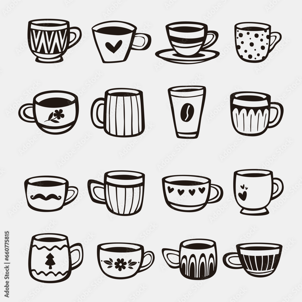 Set of hand drawn cups of tea and coffee Set of hand drawn cups of tea and coffee