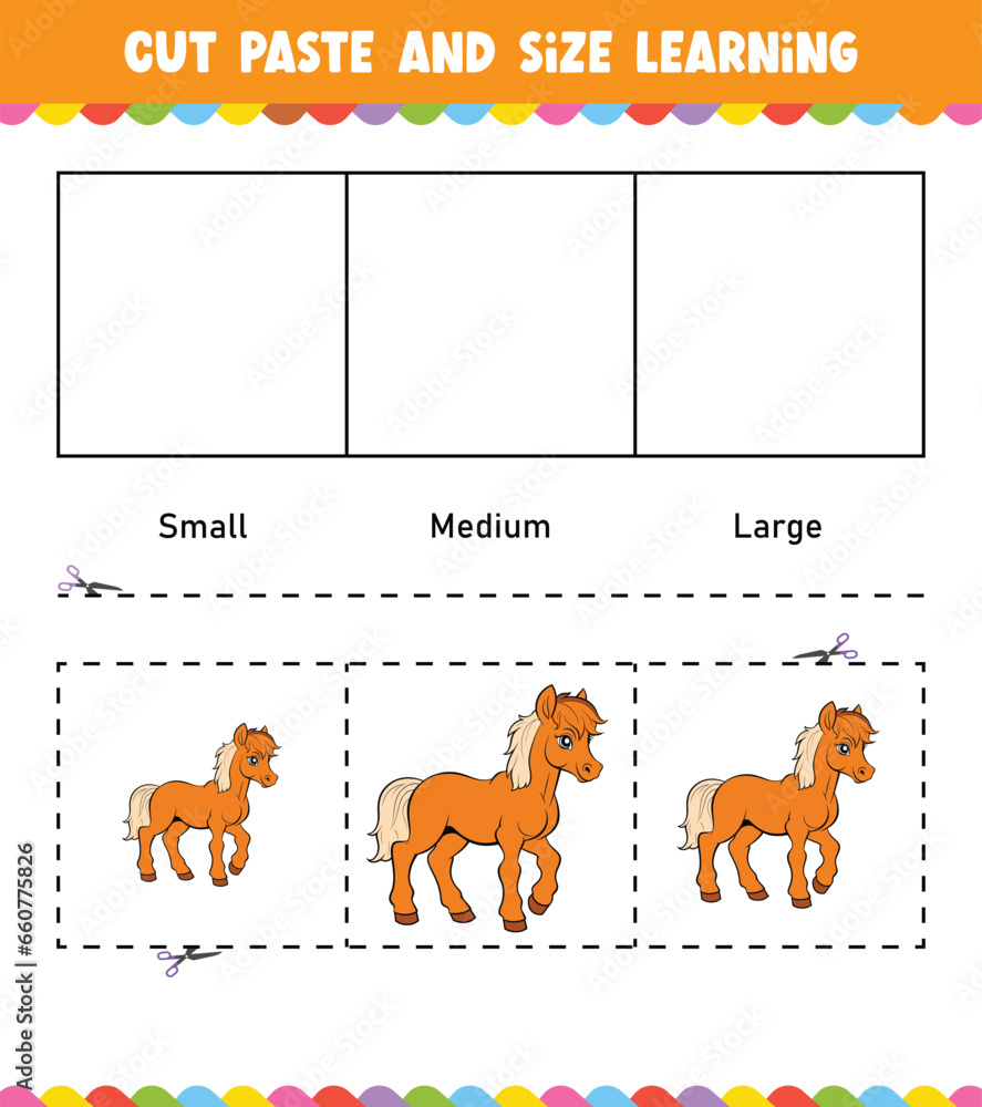 Learning sizes Cut and Paste easy activity worksheet game for children with Cute Animal