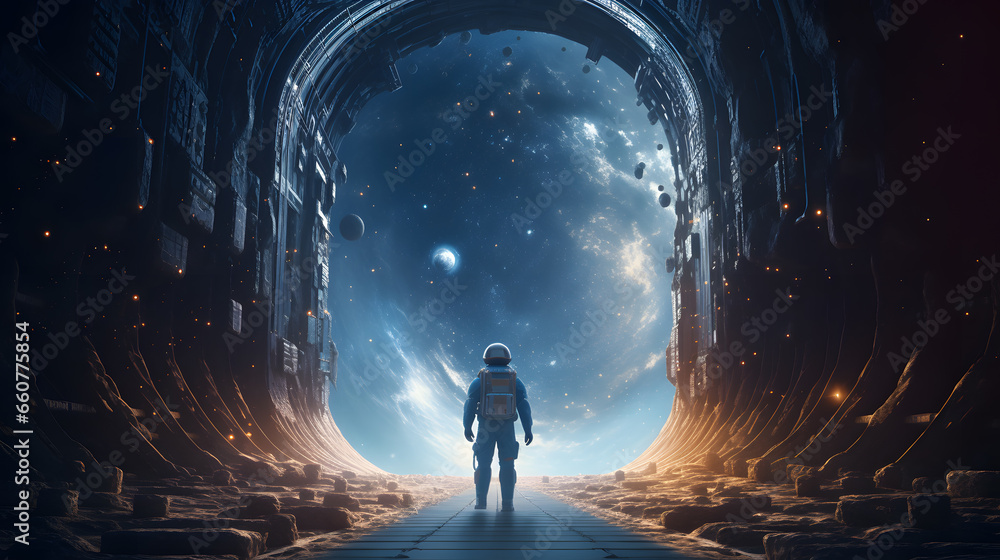 Outer space scene astronaut looking at entire
