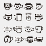 Set of hand drawn cups of tea and coffee