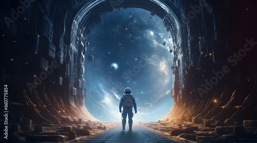 Outer space scene astronaut looking at entire