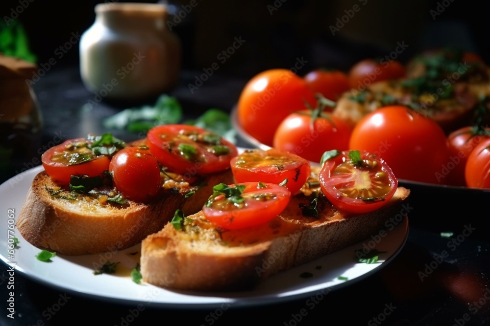 Mustard-tomato baguette, tomato toast, tomato bruschetta, vegetarian, healthy snack. Generative AI