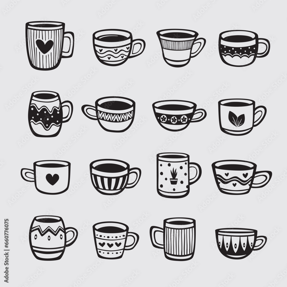 Fototapeta premium Set of hand drawn cups of tea and coffee