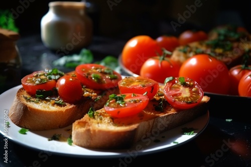 Mustard-tomato baguette, tomato toast, tomato bruschetta, vegetarian, healthy snack. Generative AI
