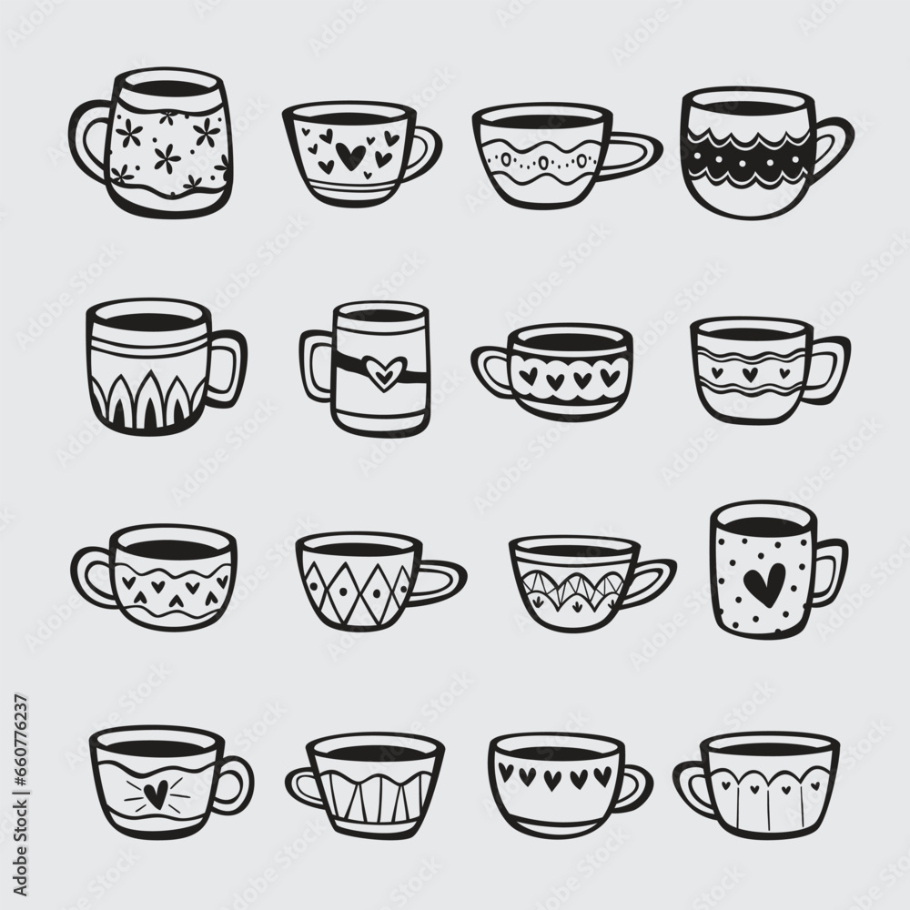 Obraz premium Set of hand drawn cups of tea and coffee