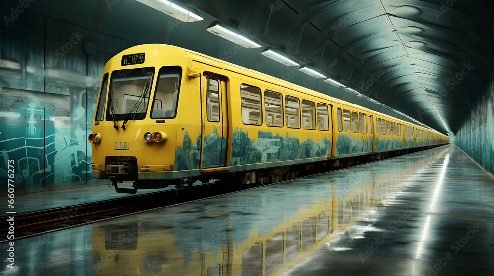 Yellow train in humid subway station at night