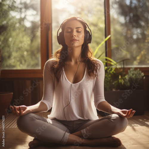 Woman in yoga meditation uses aspects of music