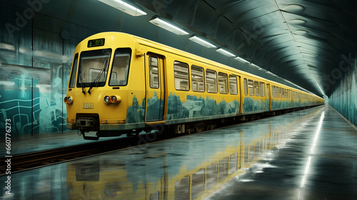 Yellow train in humid subway station at night