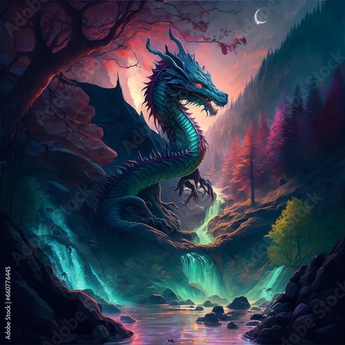 fantasy art dragons and mermaids mystical forest in the background rising into the foothills of a crystal mountain with an errie glowingstream flowing through the forest brilliant yet eerie fantasy 