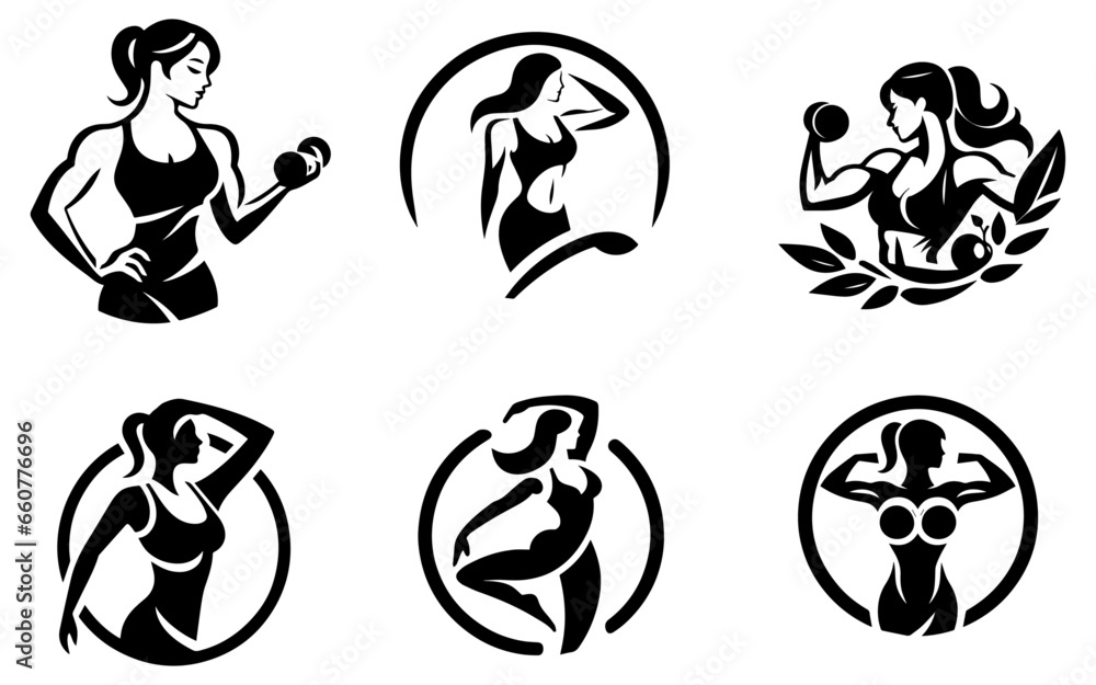 Woman fitness logo concept vector illustration black color a set of group