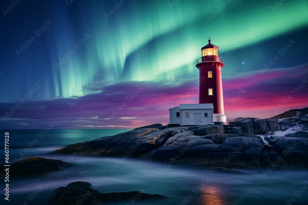 Stunning Norwegian lighthouse with mesmerizing northern lights against a minimalist Scandinavian backdrop. Generative AI