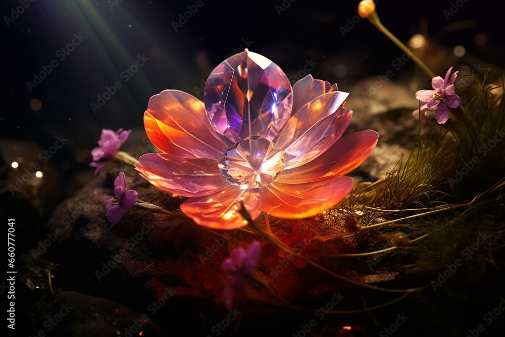 glowing gemstone with a flower nestled within. Generative AI