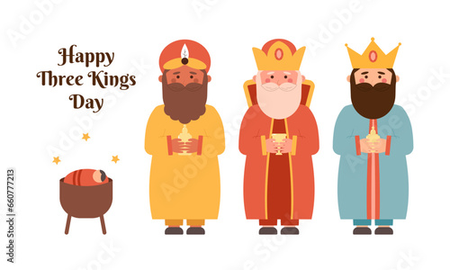Happy Tree Kings Day. Epiphany. Christian holiday. Three kings bring gifts to Jesus. Flat vector illustration.