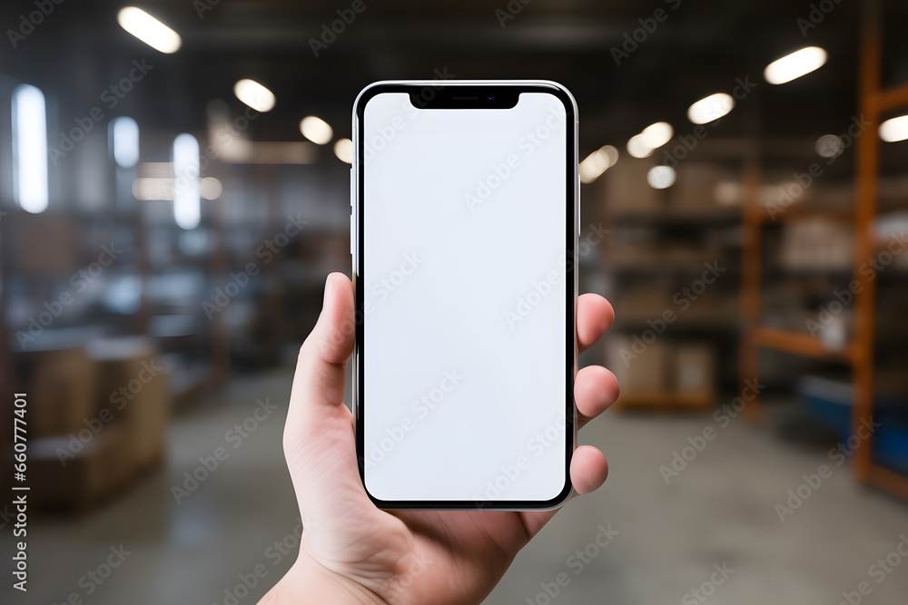 Mockup image of hand holding smartphone with blank white screen in warehouse