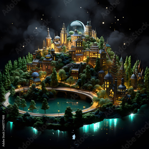 Miniature fantasy landscape with castle lake and moon © Andsx