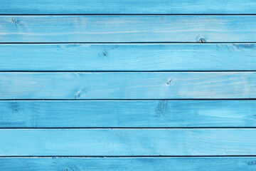 Horizontal blue wood background. Green paint wood texture. Vibrant color plank. Blue color impregnated wood pattern. Bright backdrop. Outdoor woden long stripes. Natural lines pattern.