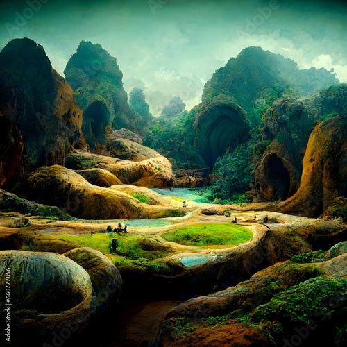 Fanciful surreal landscape inside Son Tra cave in Kien Giang Vietnam 8k image quality illustrated anime vast wilderness arid ground cinematic lighting 8k good refreshing surreal elegant splendid  photo