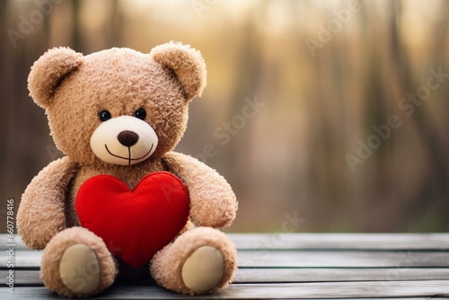 adorable brown teddy bear with a large red heart, perfect Valentine's Day present. Generative AI