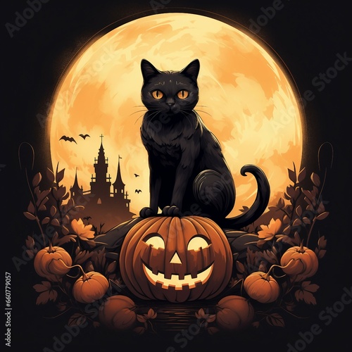 Black cat and pumpkins