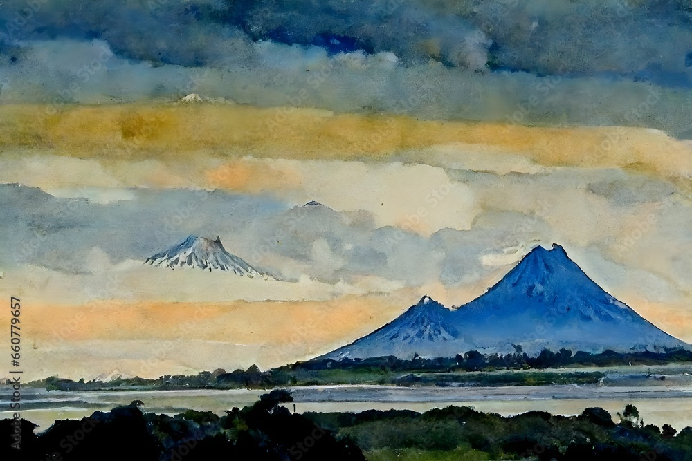 A watercolour painting of Mount Taranaki New Plymouth landscape New Zealand in the style of Joseph Zbukvic 