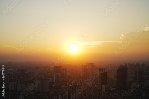 Aerial View of Hanoi City from Top of Hanoi  Rooftop Bar  at Lotte Hotel Hanoi in Vietnam -                              