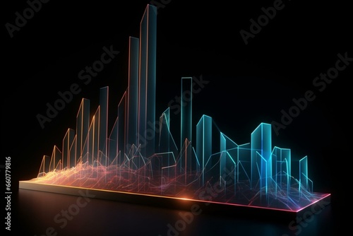 Dynamic hologram of a glowing business graph in abstract form symbolizing planning, strategy, progress, and financial success. Generative AI