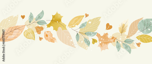 Autumn foliage in watercolor vector background. Abstract wallpaper design with maple leaves, oak leaf, line art. Elegant botanical in fall season illustration suitable for fabric, prints, cover.